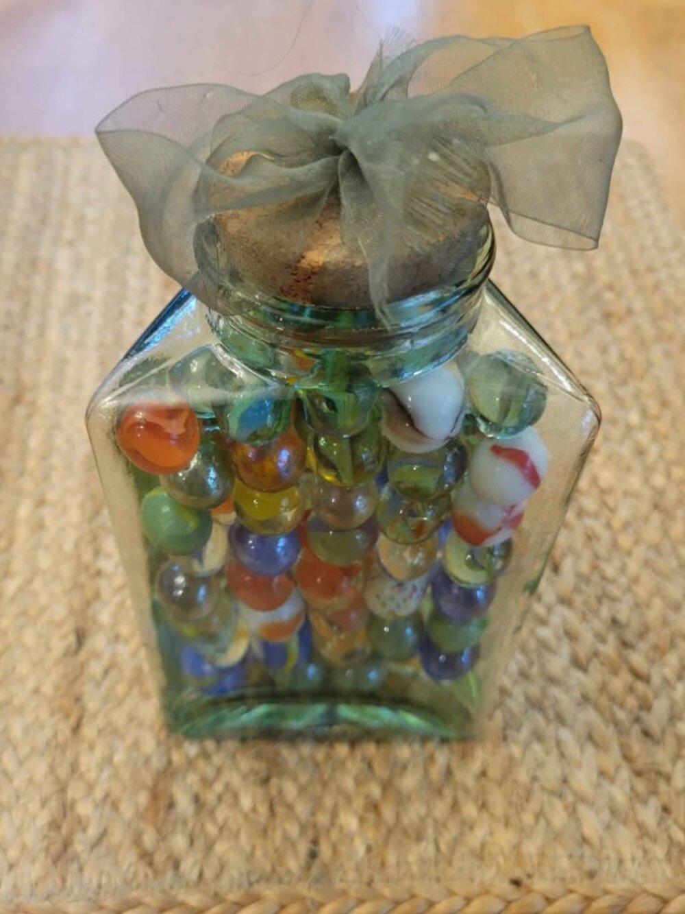 Vintage Glass Jar Is Filled With An Assortment Of VTG Marbles